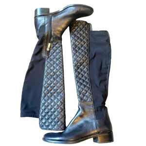 Vince Camuto Justina Black Leather Fabric Quilted Over Knee Boots Women Size 8.5